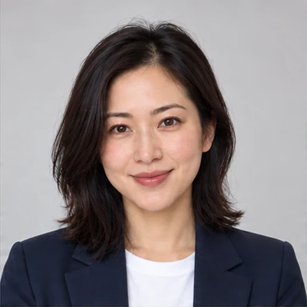Illustrative classic studio business headshot with a navy blazer