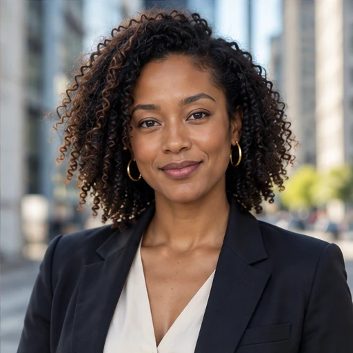 Woman in a navy blazer with a city architecture backdrop