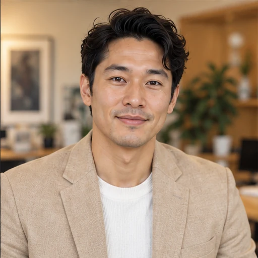 Man in a beige blazer in a warm creative workspace