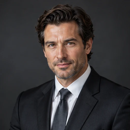 Man in a dark suit against a charcoal studio backdrop