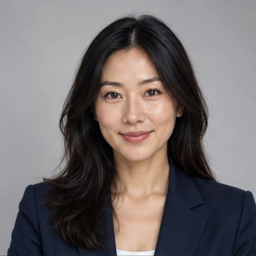 Woman in navy blazer against a classic gray studio backdrop